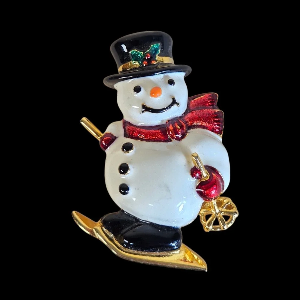 Vtg Joan Rivers Enamel Snowman Skiing Gold Tone Brooch HTF Holiday Christmas Pin